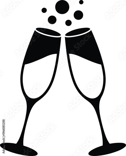 Two champagne glasses clinking together, celebration toast icon, vector illustration of sparkling wine flutes