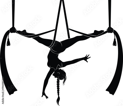 Aerial silk acrobat silhouette performing upside down pose, circus vector illustration, fitness artwork, flexibility training design pattern