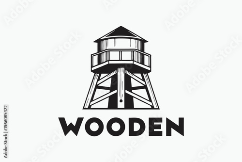 Icon of a Traditional Wooden Lighthouse Beacon in High Contrast Black and White Vector