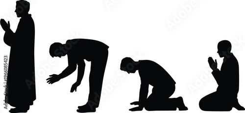 Islamic prayer silhouette set showing a man performing different stages of Salat including standing bowing and prostrating for religious and spiritual design projects.