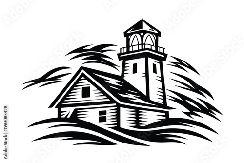 Detailed Silhouette of an Antique Wooden Lighthouse Structure for Ocean Voyage Themes