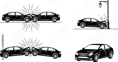 Car accident icons with collision crash damaged vehicle, traffic safety vector illustration, insurance artwork, road emergency design pattern