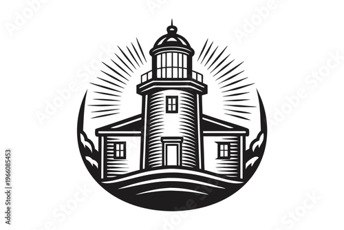 Minimalist black and white silhouette of a vintage wooden lighthouse icon vector illustration