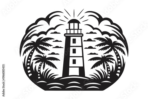 Coastal Lighthouse Silhouette Representing Protection and Hope on a White Background