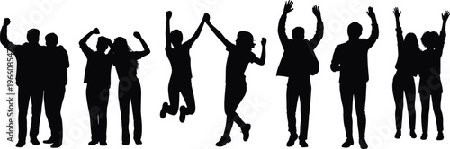 Large silhouette collection of happy people jumping dancing and celebrating with raised hands for success joy party and community themed graphic design projects.