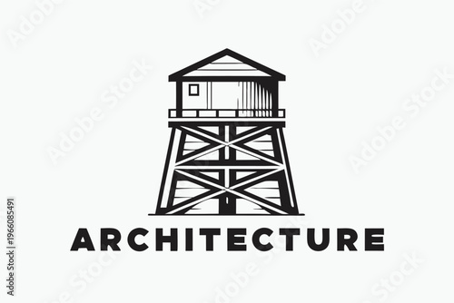 Nautical maritime beacon tower silhouette in black and white vector style for coastal design
