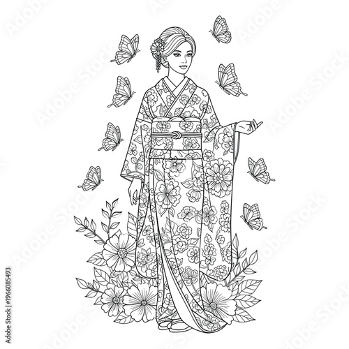A woman in a detailed victorian-era dress with floral and leaf patterns isolated on white background, Vector