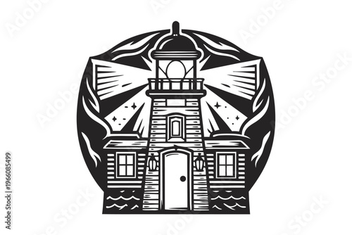 Old wooden lighthouse silhouette graphic isolated on white for marine and ocean concepts