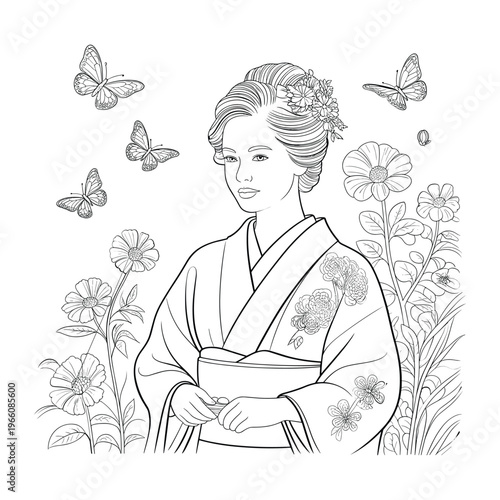 A man in a suit sits alone surrounded by sketches of flowers and buildings isolated on white background, Vector