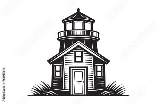 Ocean beacon tower silhouette in minimalist black and white vector style