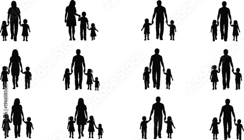 Family silhouettes of parents walking with children holding hands, lifestyle vector illustration, childhood connection artwork, parental care design pattern