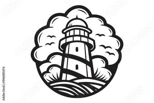 Symbolic lighthouse silhouette in black and white for architectural and nautical concepts