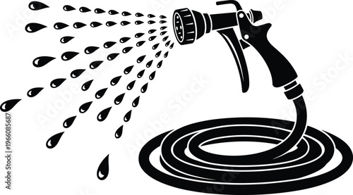 Garden hose with spray nozzle water droplets coiled pipe, gardening vector illustration, outdoor tool artwork, cleaning design pattern
