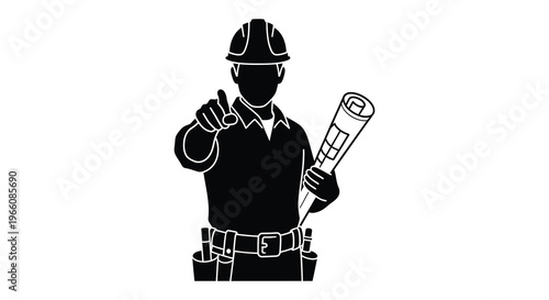 A black silhouette of a construction worker pointing forward while holding blueprints representing a building project silhouette high quality professional detailed