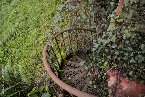 A rusty spiral metal staircase surrounded by dense greenery and overgrown plants in Busaco Park, Portugal. Themes explore decay, abandonment, and the return of nature to man-made structures.