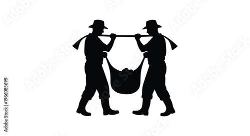 Two figures carry a heavy sack suspended between them depicted in a striking black silhouette high quality professional detailed modern elegant