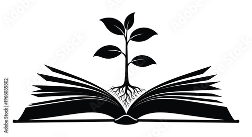An open book with a plant growing from it symbolizing knowledge and growth presented as a silhouette high quality professional detailed