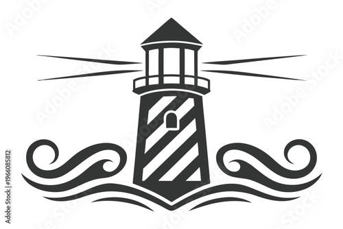 Rustic lighthouse silhouette in black and white, traditional wooden maritime tower for sea navigation