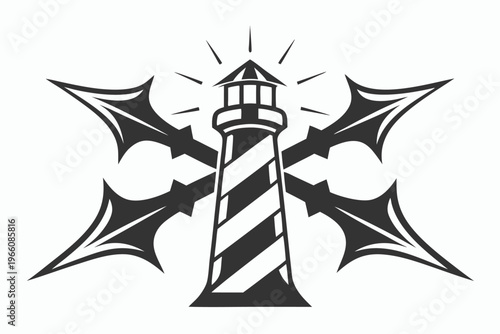 Vintage wooden lighthouse tower silhouette, nautical beacon icon for maritime safety and harbor navigation