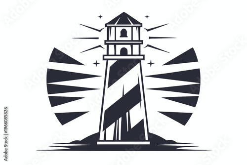 Minimalist wooden lighthouse silhouette, nautical tower beacon for marine travel and coastal design