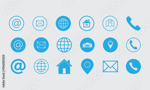 Contact and communication icon set. Featuring at symbol, envelope, globe, house, map pin, and telephone handset. Light blue digital graphics for business website contact pages.