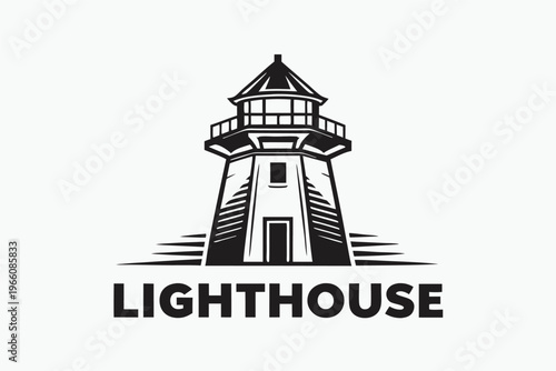 Classic coastal wooden lighthouse icon, black and white silhouette for nautical branding and marine themes
