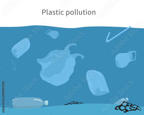 Light underwater silhouettes of plastic bottles, bags, and other garbage floating in the water.
