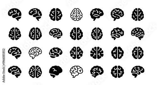 Brain icons, human brain symbols, black vector illustrations, 30+ creative graphics