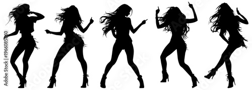 Women dancing party nightlife silhouettes with flowing hair. Group of women dancing in expressive poses, celebrating freedom and energy. Fluttering hair
