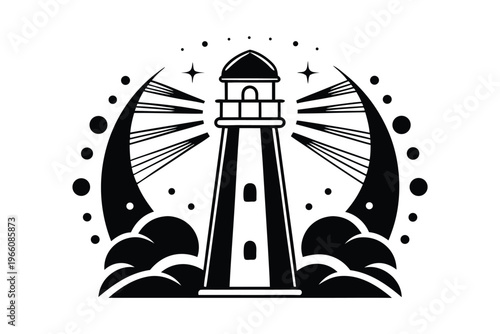 Traditional maritime lighthouse silhouette, rustic wooden beacon for coastal harbor and sea safety