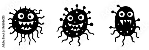 Set of three black germ icons with smiling and quirky expressions in a compact composition. Vector microbes support hygiene messaging, infection concepts and playful science graphics.