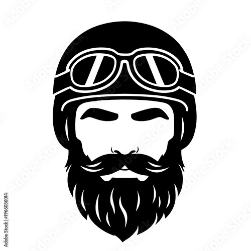 Monochrome vector portrait of a bearded biker wearing a retro helmet and aviator goggles. Bold masculine face icon suggests adventure, freedom, speed and rebellious road culture.