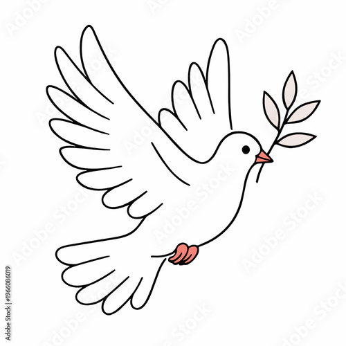 White dove with spread wings carrying an olive branch in its beak, outlined in simple vector style. Classic symbol of peace, faith, hope and gentle freedom.