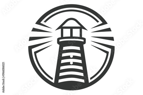 Classic wooden lighthouse silhouette, nautical navigation tower icon in flat black and white design