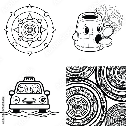 Happy cartoon taxi cab with passengers on water, city background, black and white, road trip