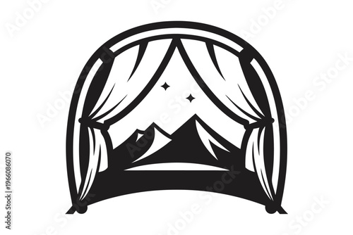 View from inside a camping tent silhouette, mountain peak landscape through open tent door for hiker