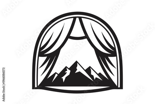 Silhouette of an open tent door looking out at a mountain landscape, camping adventure vector illustration