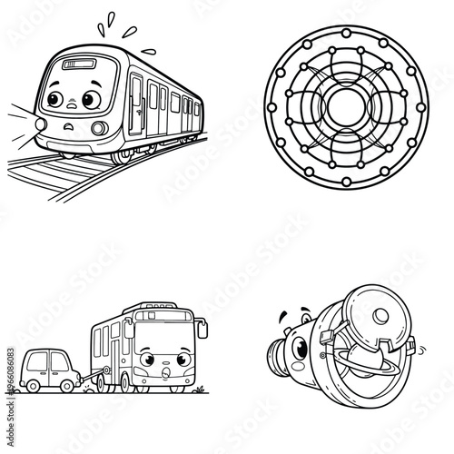 Cute cartoon train, bus, car, and manhole cover coloring page vector illustrations, black and white