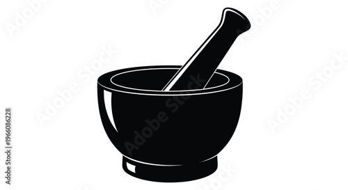 A stark black silhouette of a traditional mortar and pestle representing culinary tools and herbalism silhouette high quality professional detailed modern