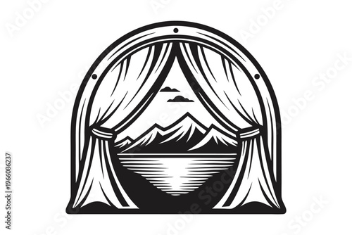 Artistic Black and White Open Tent Entrance Graphic for Camping and Hiking Themes