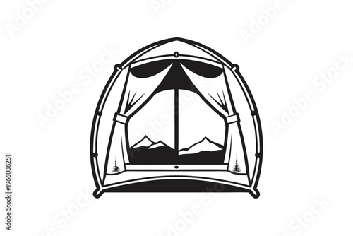 Silhouette of an Open Tent View with Distant Mountains and Forest Landscape Vector