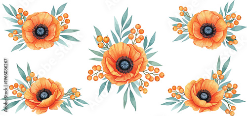 Vibrant orange flowers with green leaves and small yellow blooms on white background in watercolor style illustration