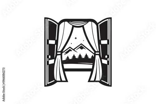 Mountain Adventure Seen Through an Open Tent Flap Silhouette Illustration