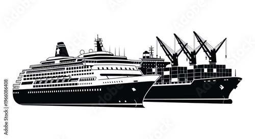 A striking black and white depiction of a cruise ship and cargo vessel docked near industrial cranes a bold silhouette