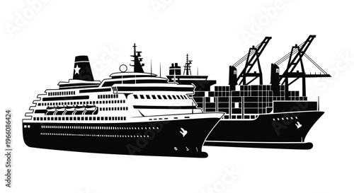 A striking black and white illustration depicts a cruise ship and cargo vessel side by side presented as a silhouette high quality professional