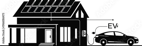 Modern eco house with solar panels and electric vehicle charging station silhouette