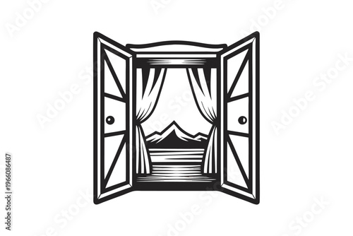 Simple Black and White Vector of a Tent Opening Facing a Beautiful Wilderness