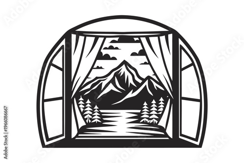Serene Mountain View Through an Open Tent Entrance Silhouette Design