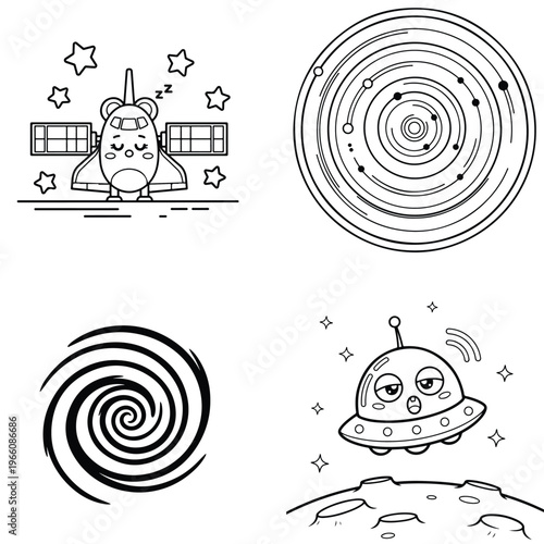 Sleeping cartoon satellite in orbit with stars and planets outline with coloring page with line art