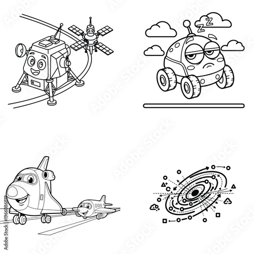 Sad cartoon rover with wheels on a line and clouds with line art